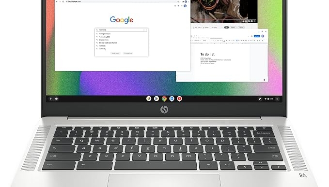HP Chromebook 14 Laptop, Intel Celeron N4120, 4 GB RAM, 64 GB eMMC, 14″ HD Display, Chrome OS, Thin Design, 4K Graphics, Long Battery Life, Ash Gray Keyboard (14a-na0226nr, 2022, Mineral Silver)